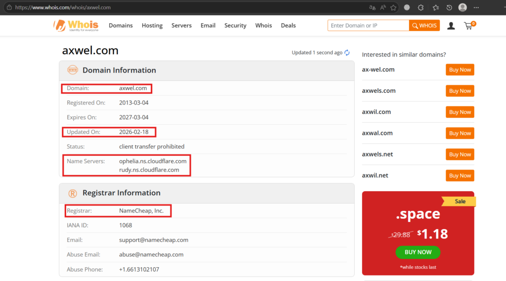 Screenshot showing axwel.com domain information - new registration + anonymous owners